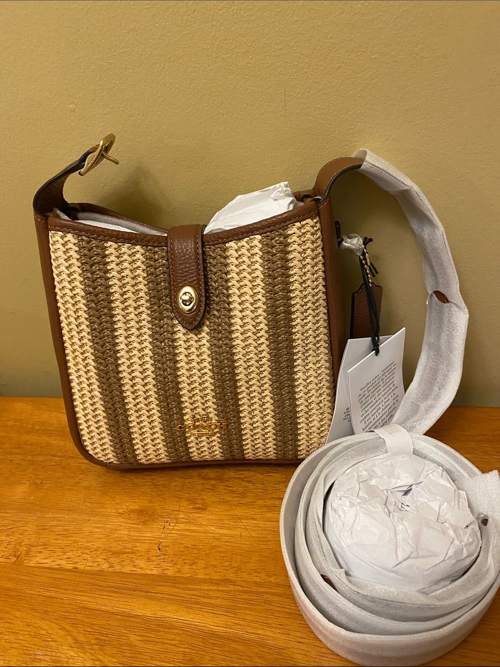 NWT Coach Hadley Mini Crossbody STRIPED Straw Leather Handbag